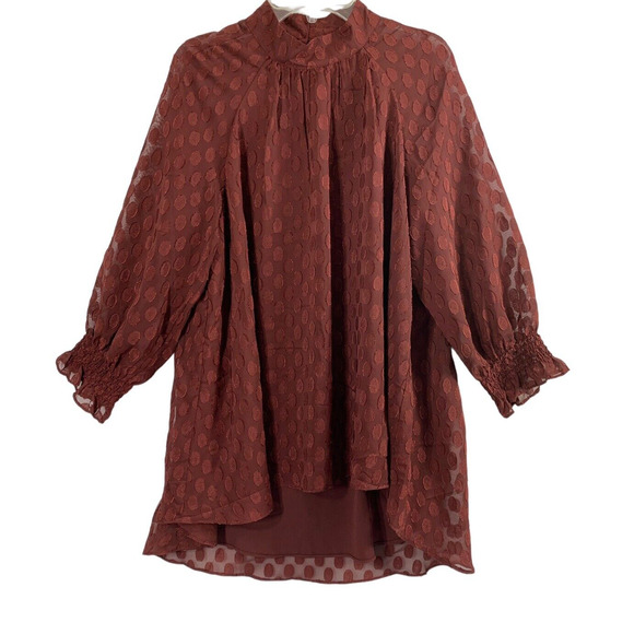 Dr2 Womens Top XS Burgundy Red Polka Dot Flowy Hi Low Career Blouse - Picture 1 of 13